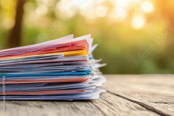 Obraz Colorful Stack of Documents Resting on Wooden Surface with Warm Sunlight Backdrop
