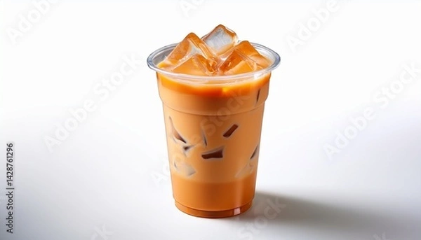 Fototapeta realistic iced thai milk tea in a transparent plastic cup filled with ice cubes rich orange color and creamy texture isolated on white background