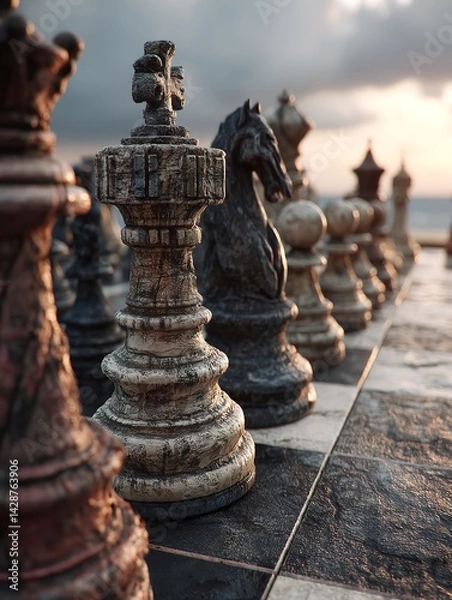 Fototapeta Wide-Angle View of Chess Pieces on Horizon under Fiery Sunset Sky Representing Battle, Strategy, and Tension