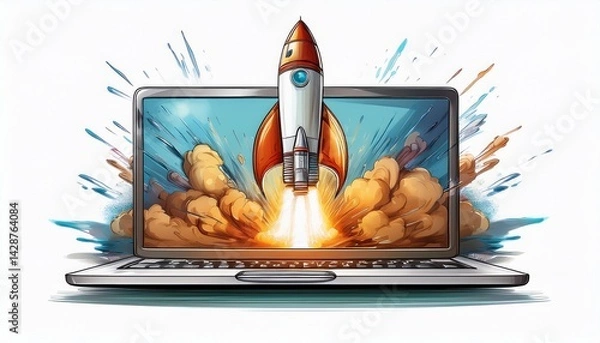 Fototapeta rocket emerging from laptop isolated white background cutout