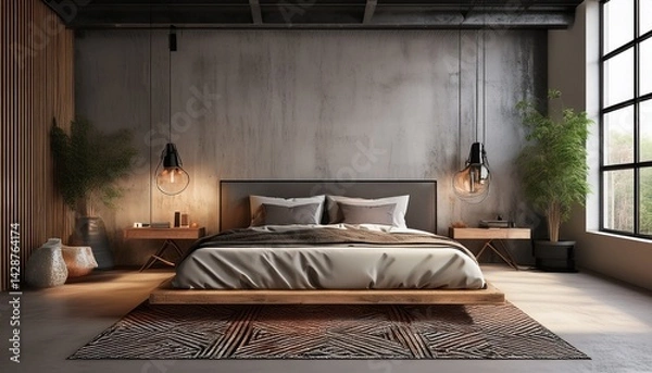 Fototapeta modern industrial style bedroom interior with concrete walls and a metal bed frame the space is accented by warm wood tones and a geometric rug generative ai
