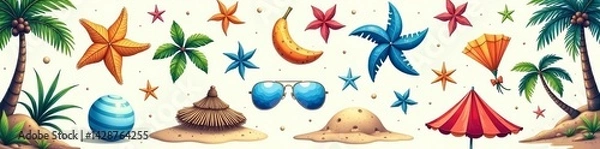 Obraz Hand-drawn beach elements in seamless design, ideal for stationery or fabric printing, design, pattern, hand-drawn