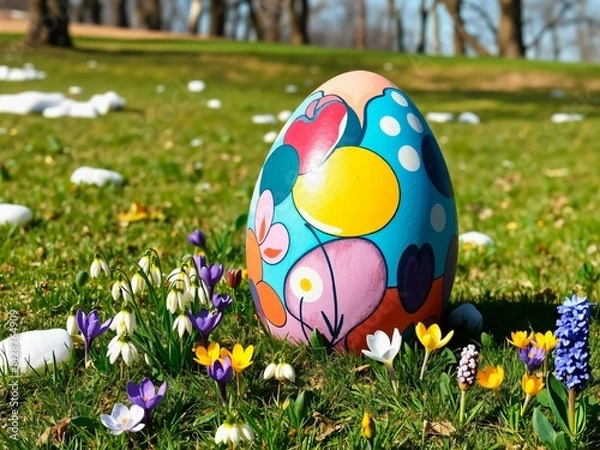 Fototapeta Easter eggs with abstract patterns decorate the spring lawn, shining under the rays of the sun. Bright colors intertwine with delicate greenery, creating a festive mood