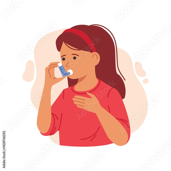Fototapeta Little girl with asthma concept. Kid with inhalator.