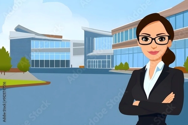 Fototapeta Portrait of a successful female entrepreneur with arms folded, showcasing professional leadership and career achievement against a backdrop of a modern corporate building