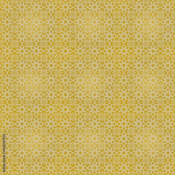 Fototapeta Seamless Islamic geometric pattern vector with traditional Arabic design. Featuring interlocking yellow lines and symmetrical structure. Ideal for backgrounds, wallpapers, textile prints, tiles