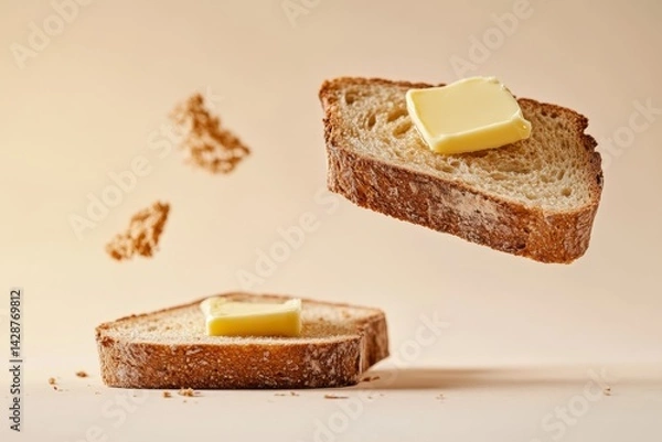 Fototapeta Two slices of bread with butter levitating (2)