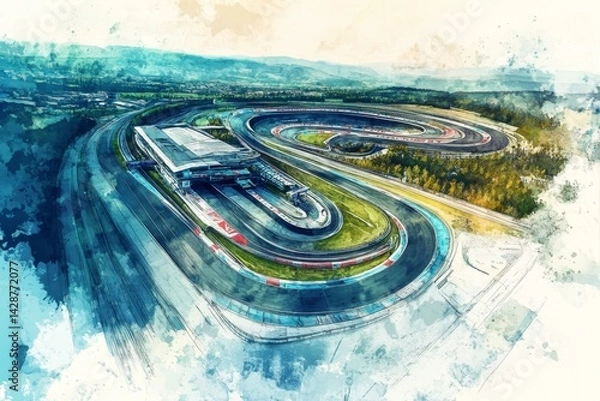 Fototapeta High Angle View of Motor Racing Circuit Track and Pit Buildings in a Watercolor Style Artwork