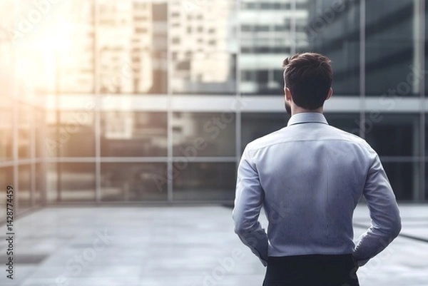 Fototapeta Rear view of a successful businessman looking at a modern glass office building in the city. A concept of corporate ambition, career goals, leadership vision, and future success