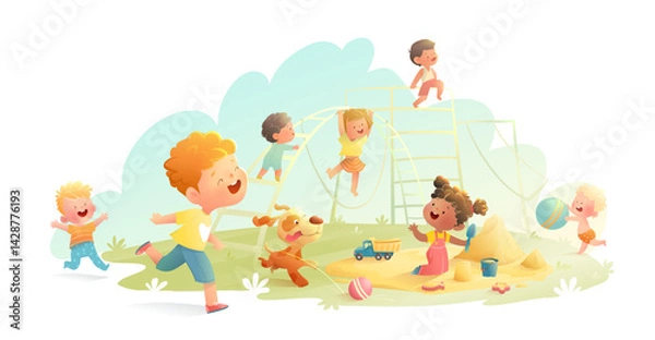Obraz Children Running Playing in a Playground with Toys