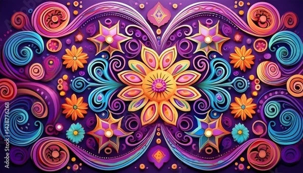 Fototapeta pastel colored swirls stars and intricate designs form a day of the dead pattern on a purple backdrop