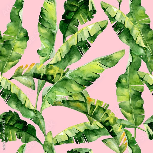 Obraz Seamless watercolor illustration of tropical leaves, dense jungle. Pattern with tropic summertime motif may be used as background texture, wrapping paper, textile,wallpaper design. Banana palm leaves 