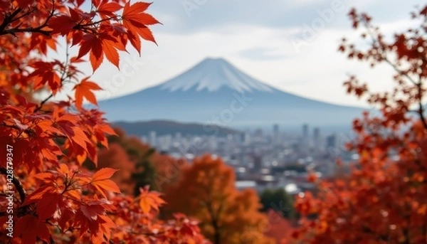 Fototapeta Falling maple leaves in foreground with Mount Fuji in soft focus background, autumn landscape scene