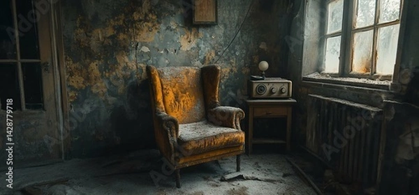 Fototapeta Eerie Silence: Abandoned room featuring a vintage armchair and radio