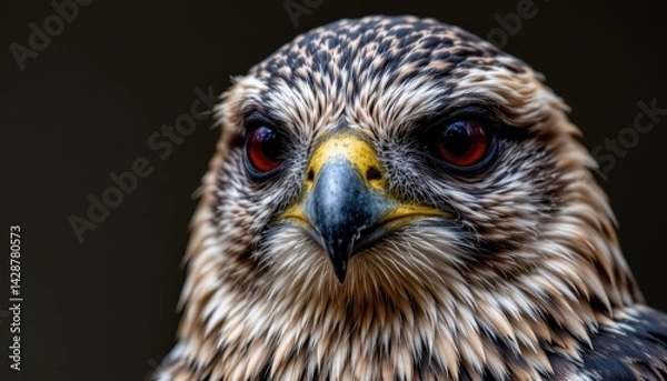 Fototapeta Close up of falcon on dark background, sharp eyes and feathers in dramatic photo style