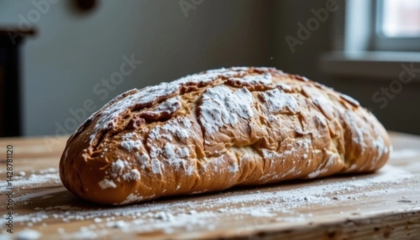 Fototapeta Rustic homemade bread on wooden table, flour dusting and crusty texture, fresh and comforting