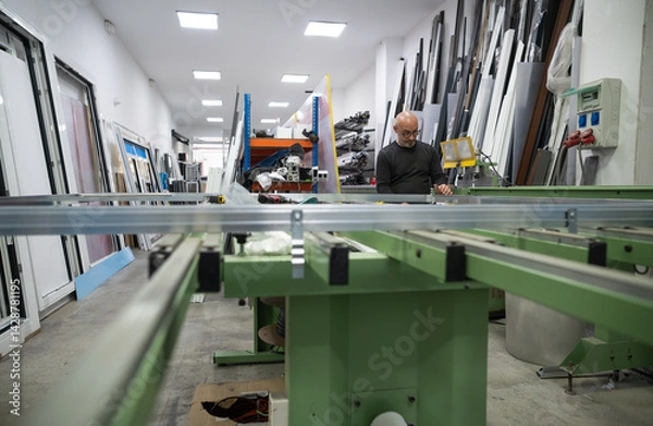 Fototapeta Carpenter working on aluminum window frame in workshop