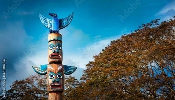 Obraz wooden totem pole with a blue bird on top