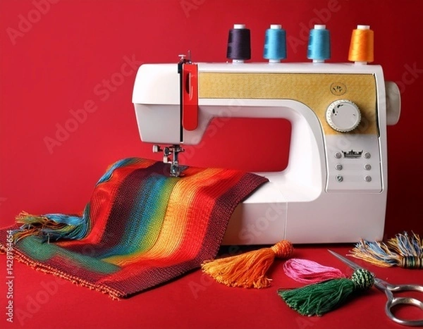 Fototapeta sewing machine with colorful fabrics and tassels on red background
