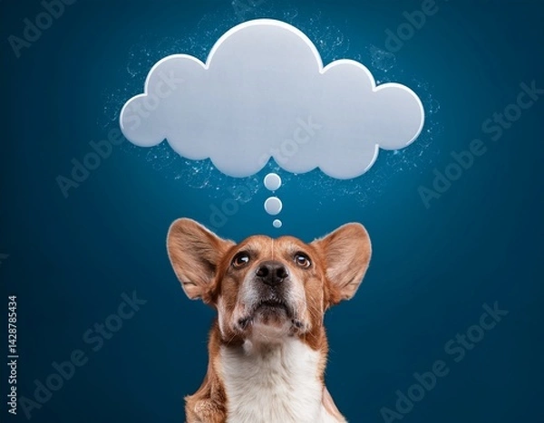 Fototapeta smart dog thinking while looking up with bubble cloud space