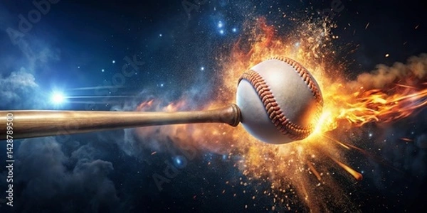 Fototapeta Fiery Baseball Impact A Dynamic Sports Image of a Bat Striking a Ball with Blazing Fire and Explosive Debris