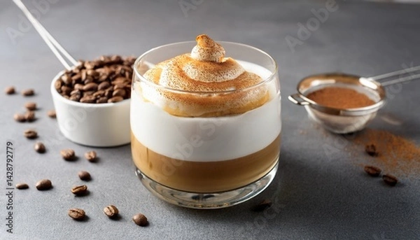Fototapeta traditional korean coffee dessert with whipped foam and milk on gray backdrop viewed from the side