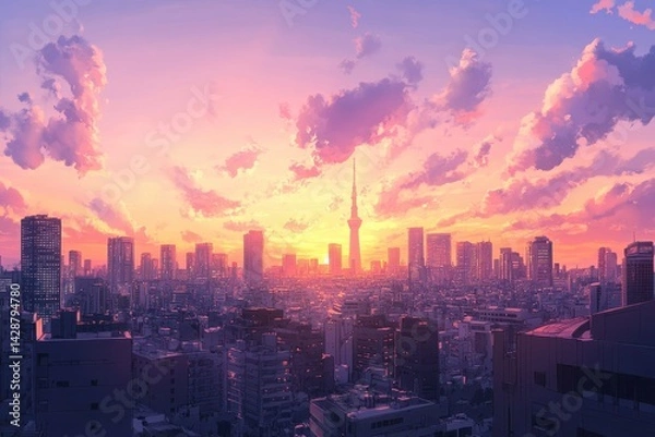 Fototapeta Urban skyline bathed in a vibrant sunset.