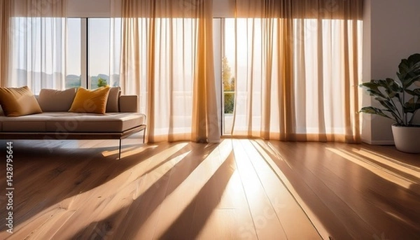 Fototapeta warm sunlight shining through sheer curtains onto a minimalist sofa and clean wooden floors in a modern living room