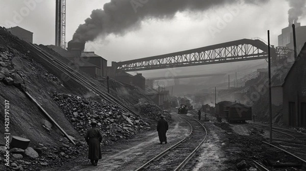 Obraz Industrial workers walking along railway tracks near a coal mine, smoke billowing from factory. Historical photo for industry or historical contexts