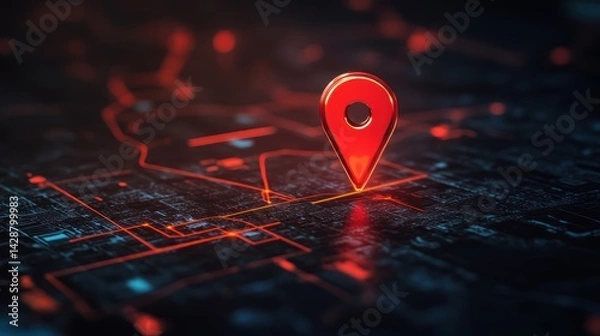 Fototapeta Red location pin on abstract dark map with network lines and glowing dots.