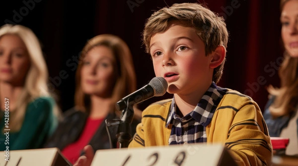 Obraz Young Boy Speaking at Panel Discussion with Female Audience Members