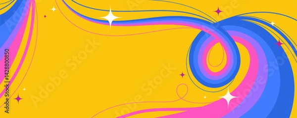 Fototapeta Retro Abstract Design with Squiggle Wavy Lines and Sparkling Stars on Yellow Background. Cosmic swirls with vibrant movement. Perfect for futuristic prints, party and space themes