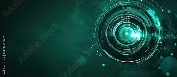 Obraz an abstract technology backdrop featuring a glowing circular structure radiating energy and connectivity with intricate circuitry on a dark teal canvas