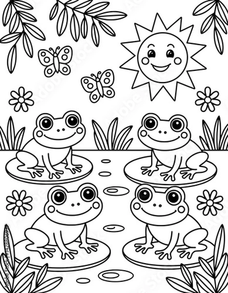 Fototapeta A cheerful coloring page featuring three adorable frogs sitting on lily pads in a sunny, spring-like scene