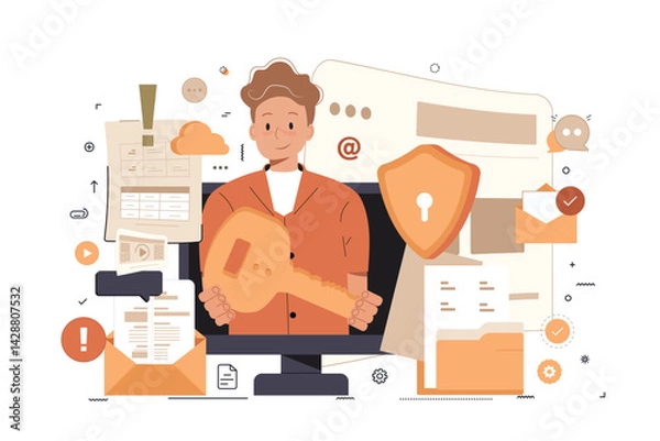 Fototapeta Cyber security web concept with cartoon person design. Man using online protection system for personal computer files with encryption defending. Flat vector illustration isolated on white background