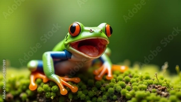 Obraz Red-Eyed Tree Frog On Mossy Ground