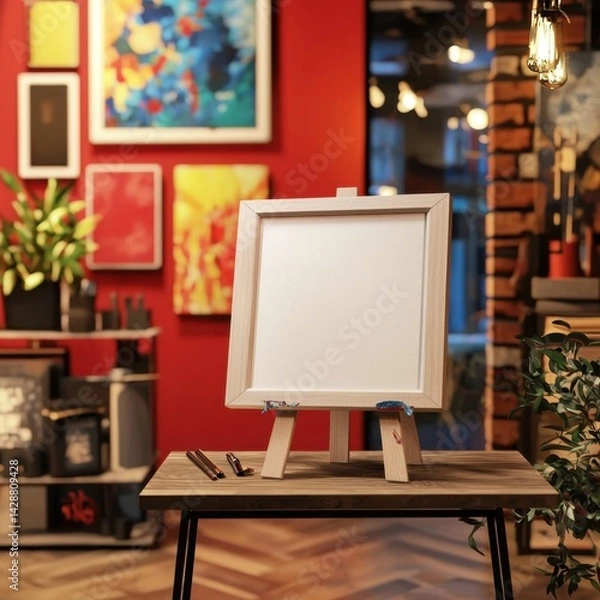 Fototapeta A Blank s on a Small Easel in an Art Gallery Surrounded by Colorful Abstract Paintings and Various Artistic Paraphernalia on a Wooden Table