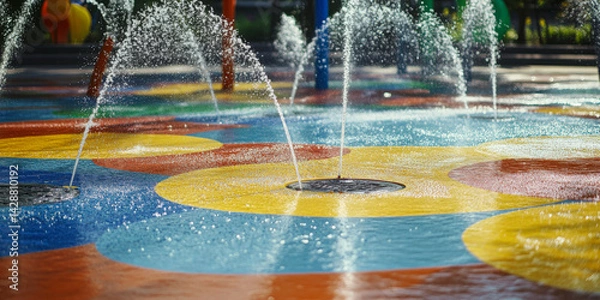 Fototapeta Enjoying water play at the colorful splash pad with jets spraying water during a sunny day in the park