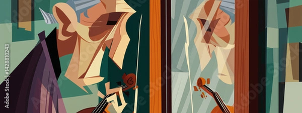 Obraz Old, grumpy musician scowls at his reflection in the mirror while holding a violin, embodying a mix of frustration and artistry.