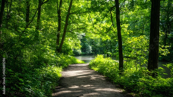 Fototapeta Sunlit Forest Path Through Lush Green Trees
