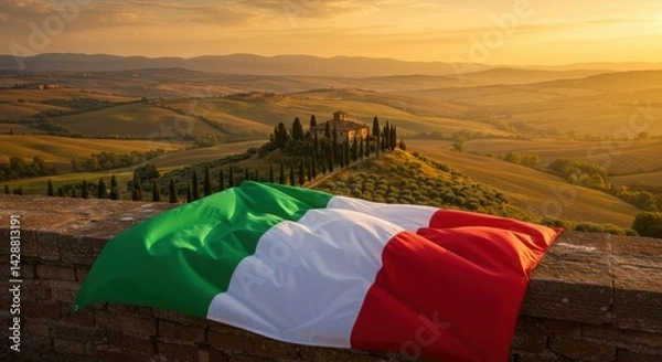 Fototapeta Italy Flag Tuscan Hills Cypress Trees Background