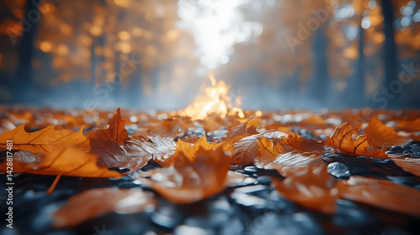 Fototapeta Fallen leaves on wet ground with a fire in distance under a blue sky in a forest during autumn season
