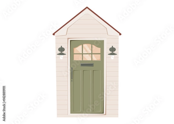 Fototapeta Vector cartoon illustration of a cozy green cottage front door with lantern lights. Flat style rural entrance with wooden texture and vintage farmhouse vibes. Isolated on white background.