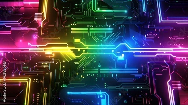 Obraz Background circuit board digital technology rainbow lines neon modern AI generated image