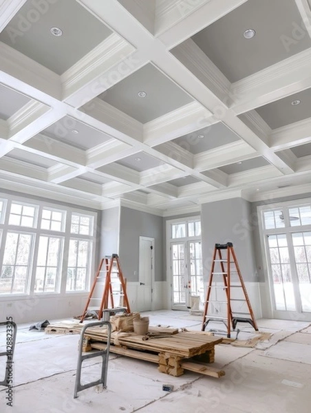 Fototapeta Newly built home's interior featuring several perfectly white-painted walls, indicating efficient workflow - real organized new