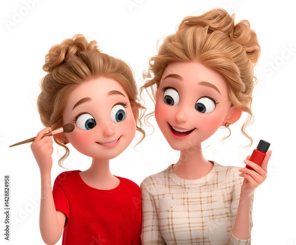 Fototapeta Two animated women enjoying a beauty session, one applying blush with a brush and the other holding a nail polish.