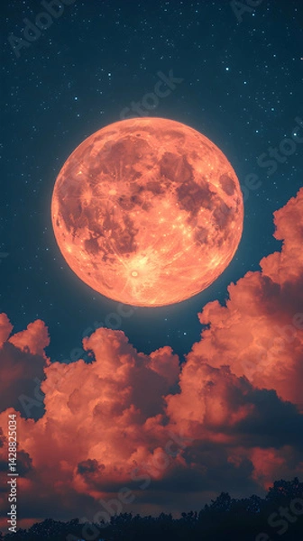 Obraz A vibrant lunar sky with orange clouds and a large moon against a starry dark blue backdrop