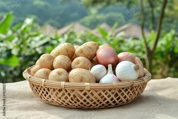 Obraz Freshly harvested potatoes, onions, and garlic in a woven basket.