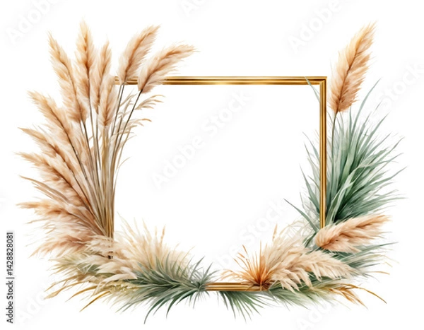 Fototapeta Watercolor Frame Pampas Grass Isolated On Background, CutOut, Transparent Png	