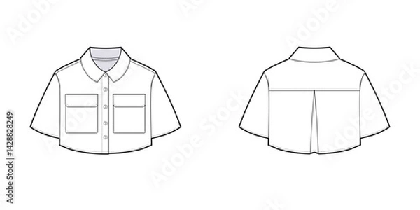 Fototapeta Crop Short Sleeve Polo with Front Pockets and Front Button Fastening, Straight Design- Front and Back View- Fashion Technical illustration-T-shirt- Crop Polo CAD Mockup